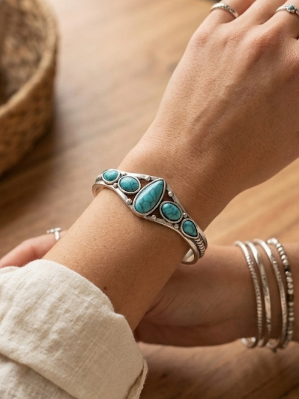 Boho Turquoise Teardrop Cuff Bracelet Silver Western Bangle Statement Jewelry
C